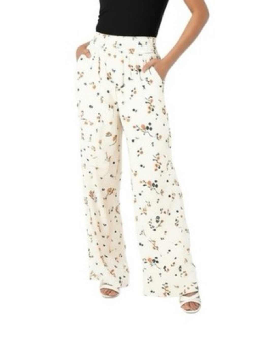 American Eagle Outfitters Cream Wide Leg Pants with Blue and Tan Floral Print - Picture 6 of 6